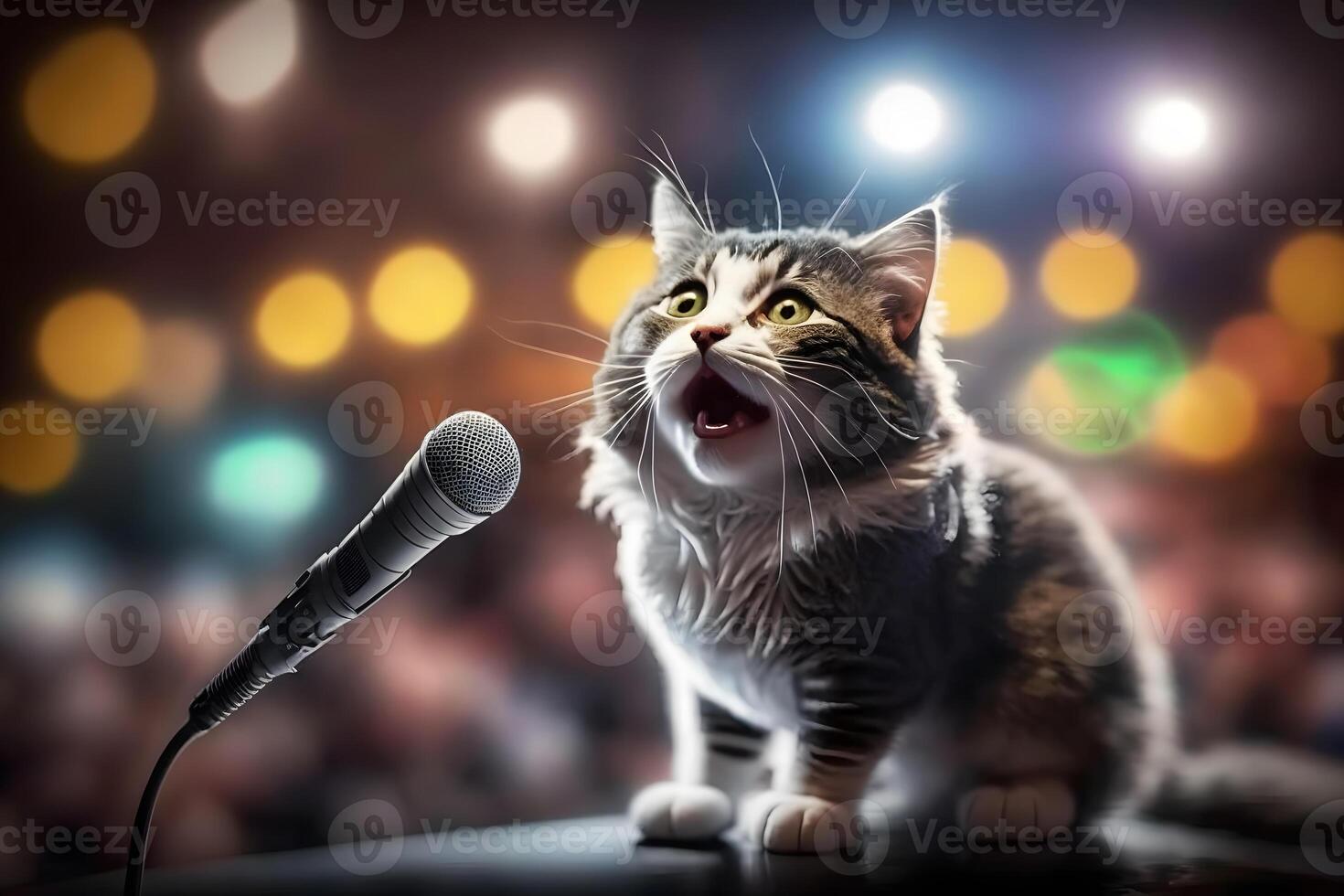 Katze Künstler singt in ein Mikrofon. neural Netzwerk ai generiert foto