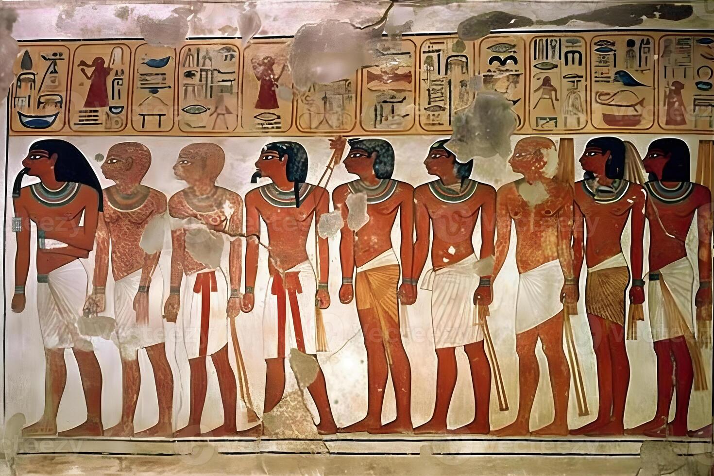 uralt ägyptisch Zeichnungen und Hieroglyphen auf das Mauer im das Tempel. neural Netzwerk ai generiert foto