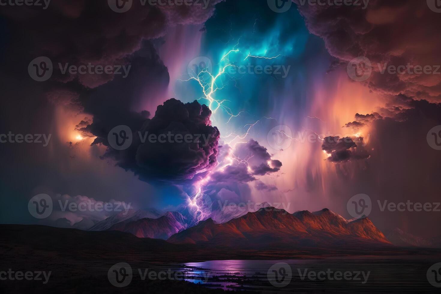 Blitz mit bunt dramatisch Wolken. neural Netzwerk ai generiert foto