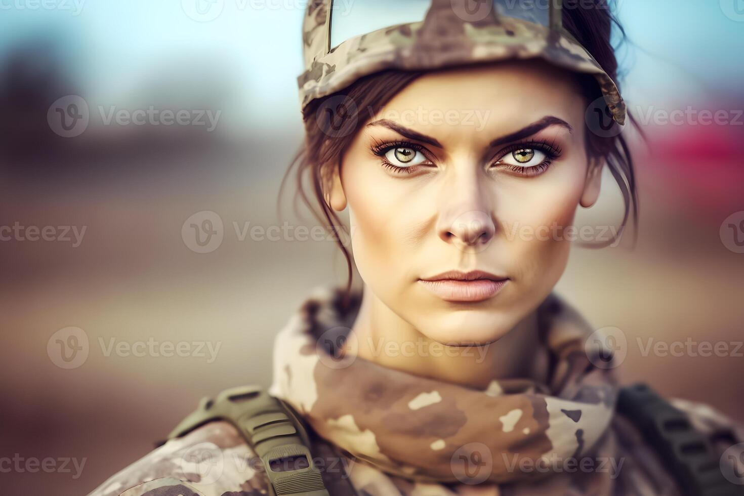 ziemlich weiblich Soldat Porträt. neural Netzwerk ai generiert foto