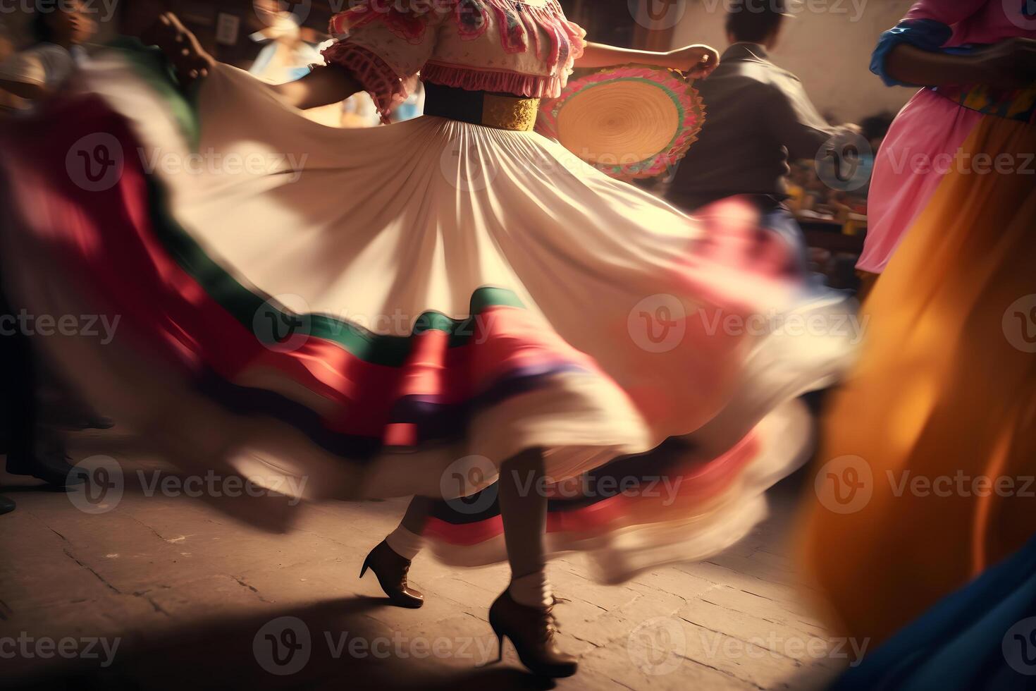 Tänzer nimmt teil beim das cinco de Mayo Festival im Bewegung. neural Netzwerk ai generiert foto