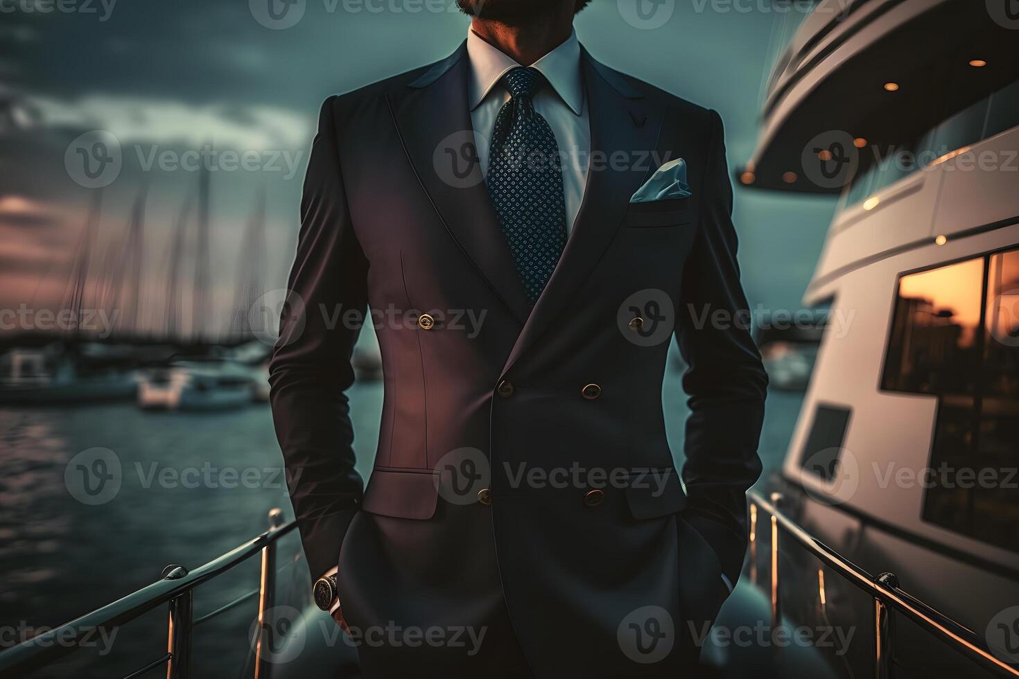 zuversichtlich erfolgreich Geschäftsmann auf das Hintergrund von ein Privat Yacht. neural Netzwerk ai generiert foto