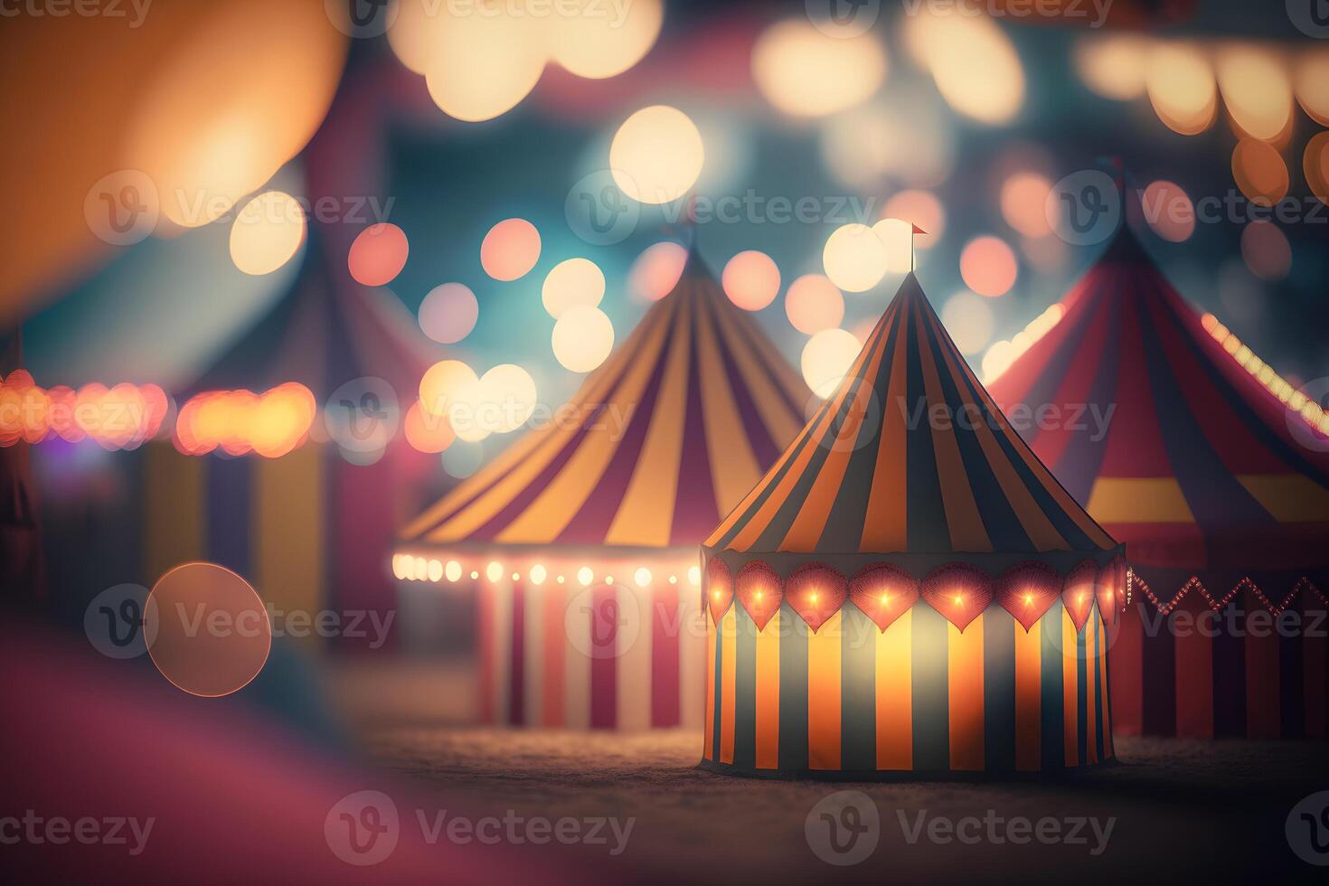Nacht Aussicht von ein Zirkus Zelte und viele Licht Lampen mit verschwommen Hintergrund. neural Netzwerk ai generiert foto