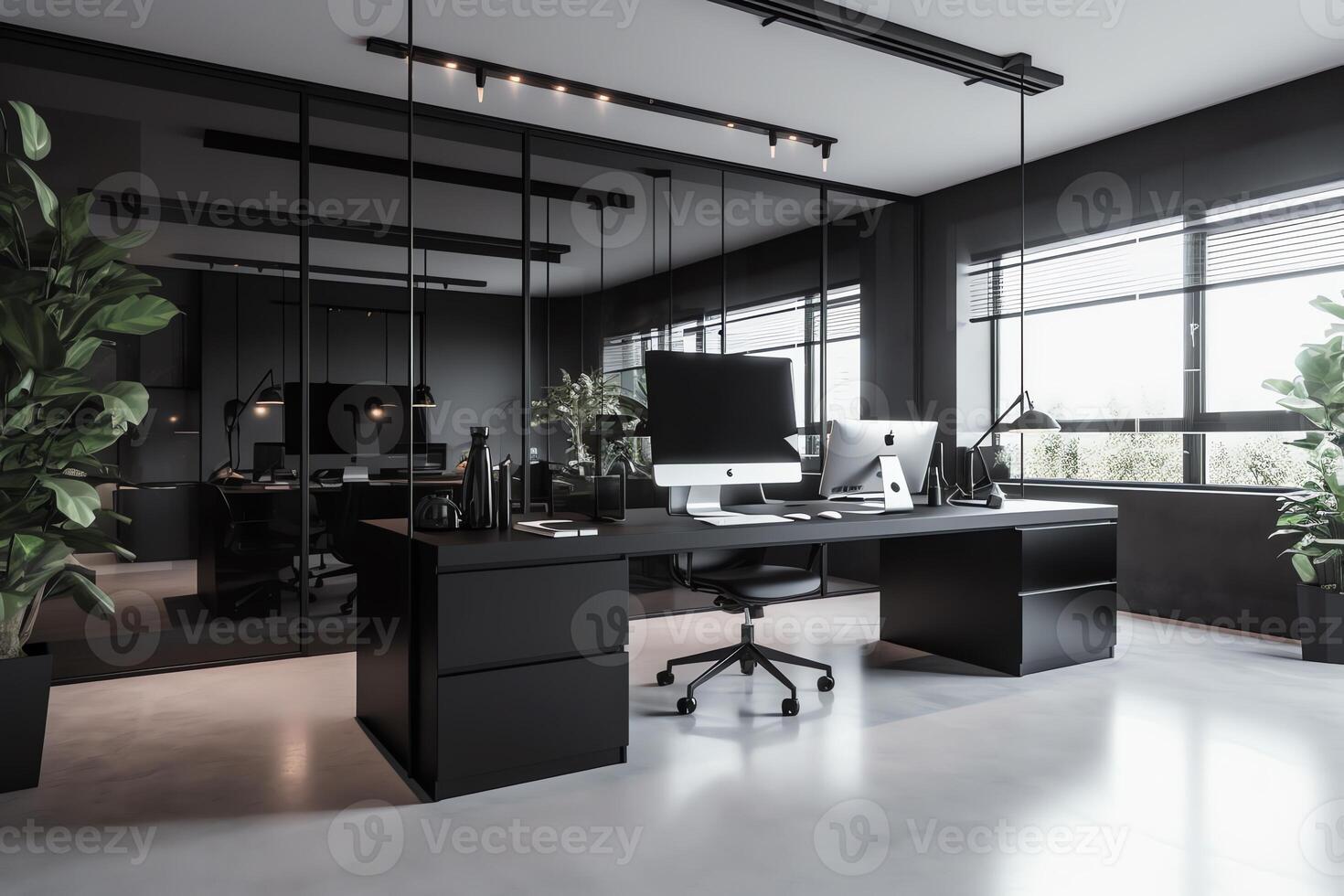 modern schwarz und Weiß Büro mit schwarz Glas. ai generiert foto