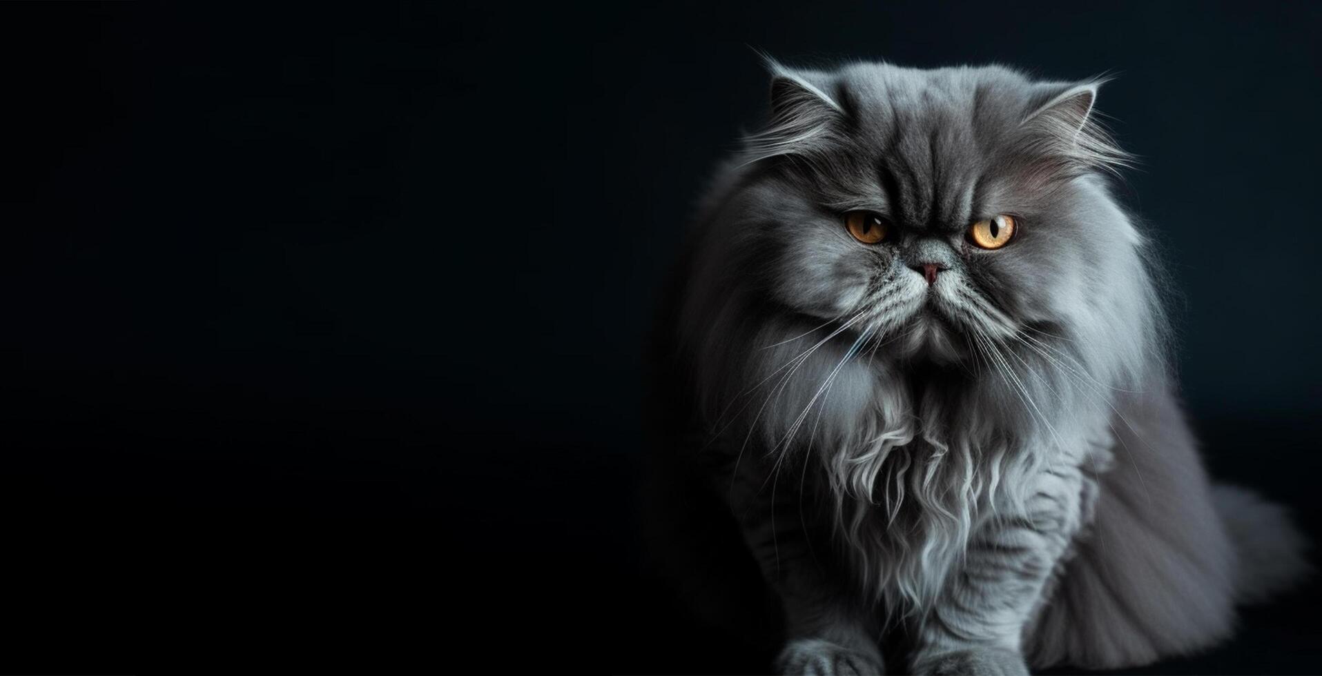 Porträt von grau persisch Katze. schwarz Hintergrund. mit Kopieren Raum. generativ ai foto
