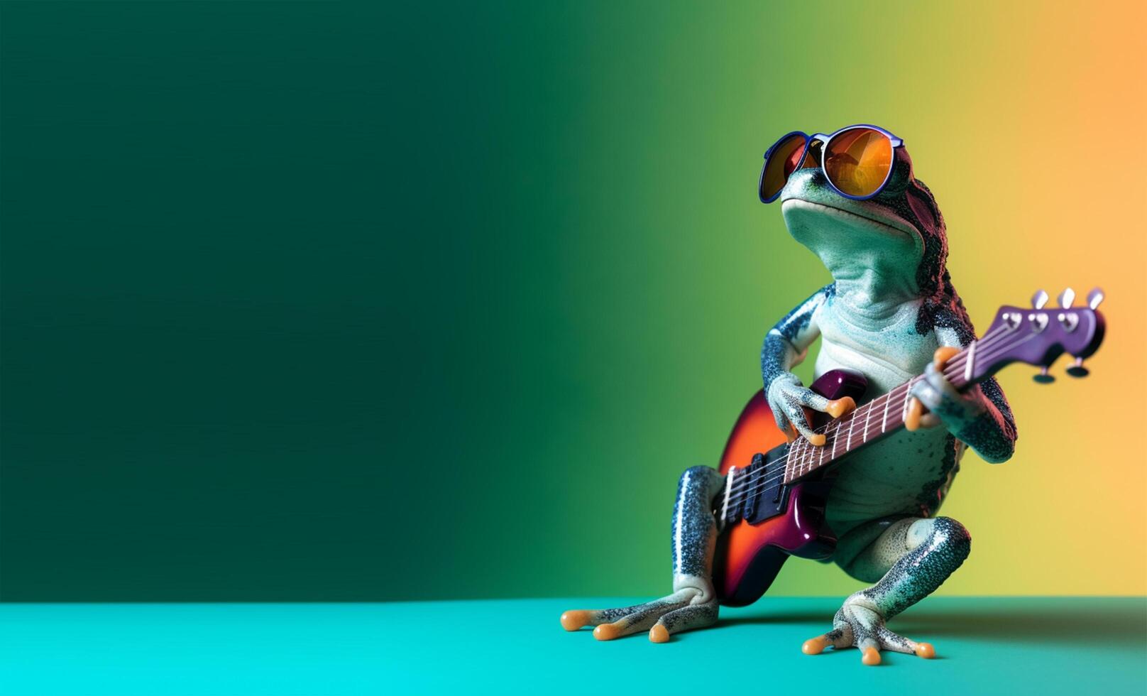 Porträt von Frosch spielen Gitarre und tragen Gläser, Grün und Orange Gradient Hintergrund. mit Kopieren Raum, glücklich und heiter Konzept, Ideal zum Banner oder Gruß Karten usw. generativ ai foto