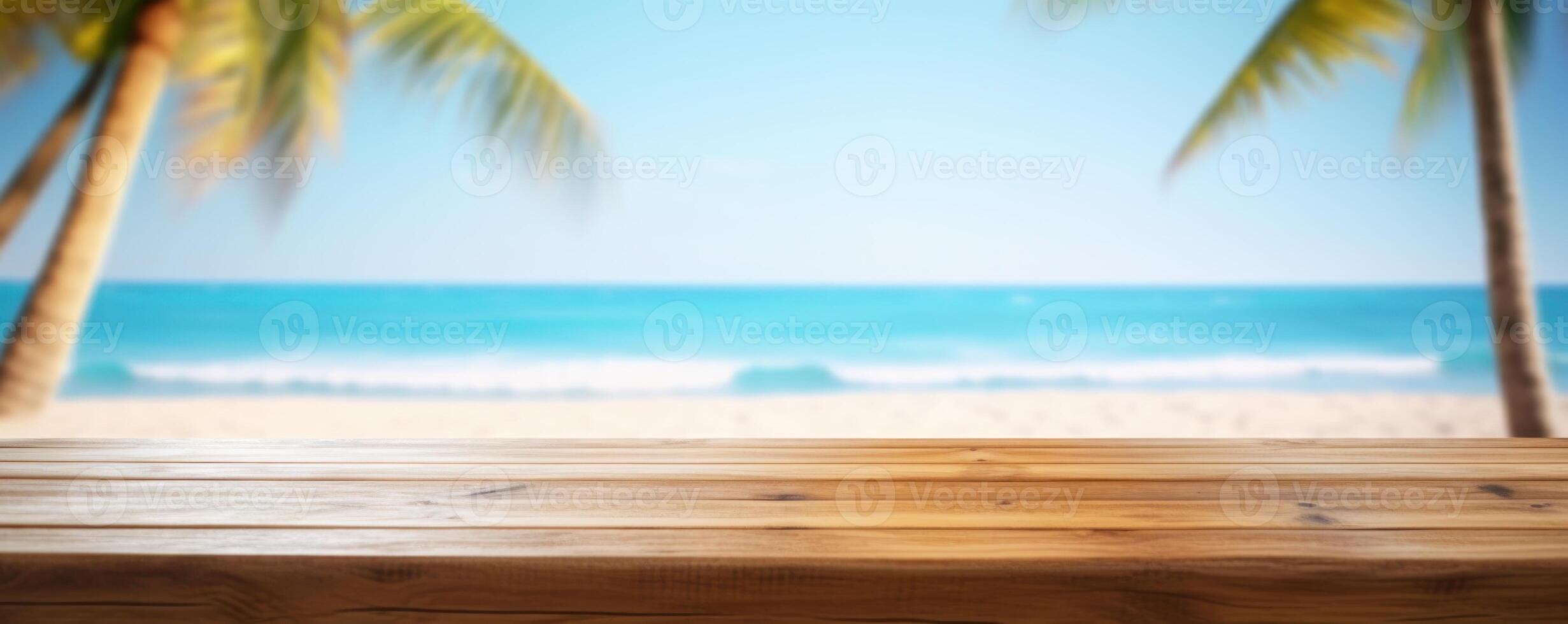 leeren hölzern Tabelle mit tropisch Meer und Strand Hintergrund. generativ ai foto