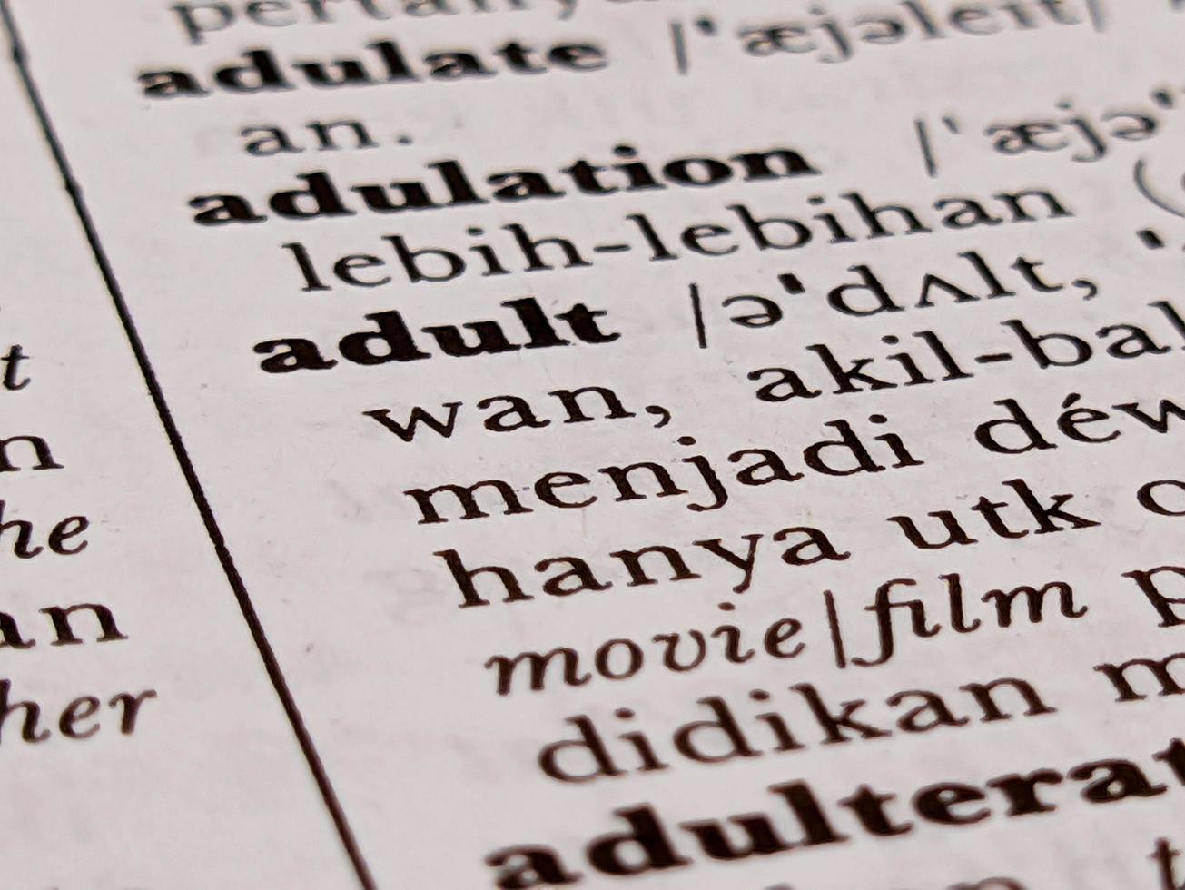 ein schließen oben von das Wort Erwachsene im das Englisch zu indonesisch Wörterbuch. zum Wort Hintergrund oder Hintergrund foto