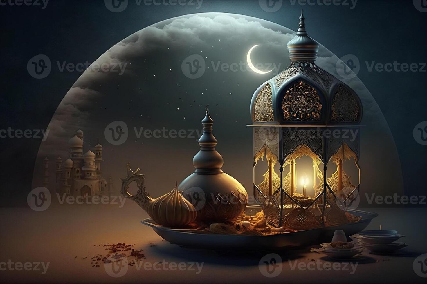 arabisch Laterne und Süßigkeiten. Ramadan Fantastisch Illustration. ai generativ. foto