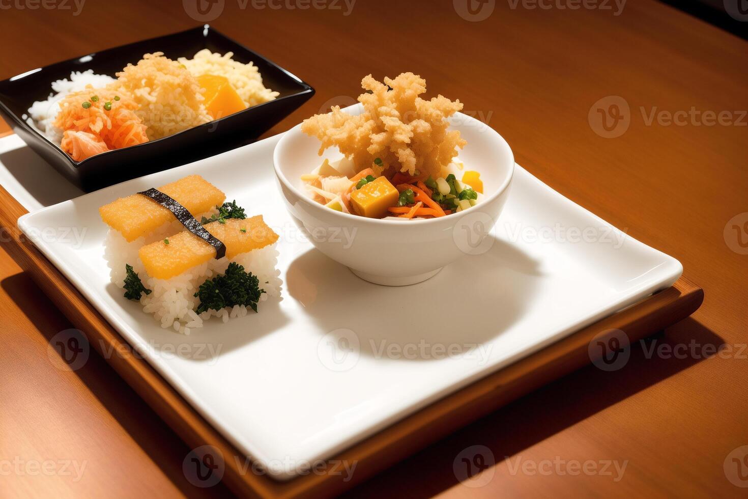 japanisch Küche. Sushi und Rollen auf das Tabelle im das Restaurant. generativ ai foto