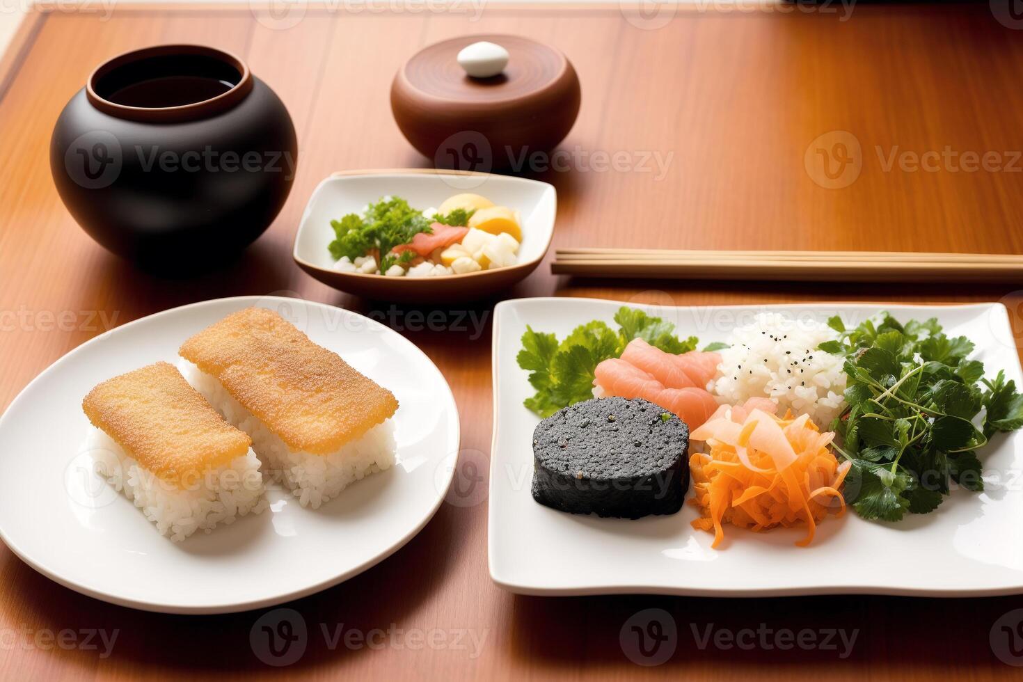 japanisch Küche. Sushi und Rollen auf das Tabelle im das Restaurant. generativ ai foto