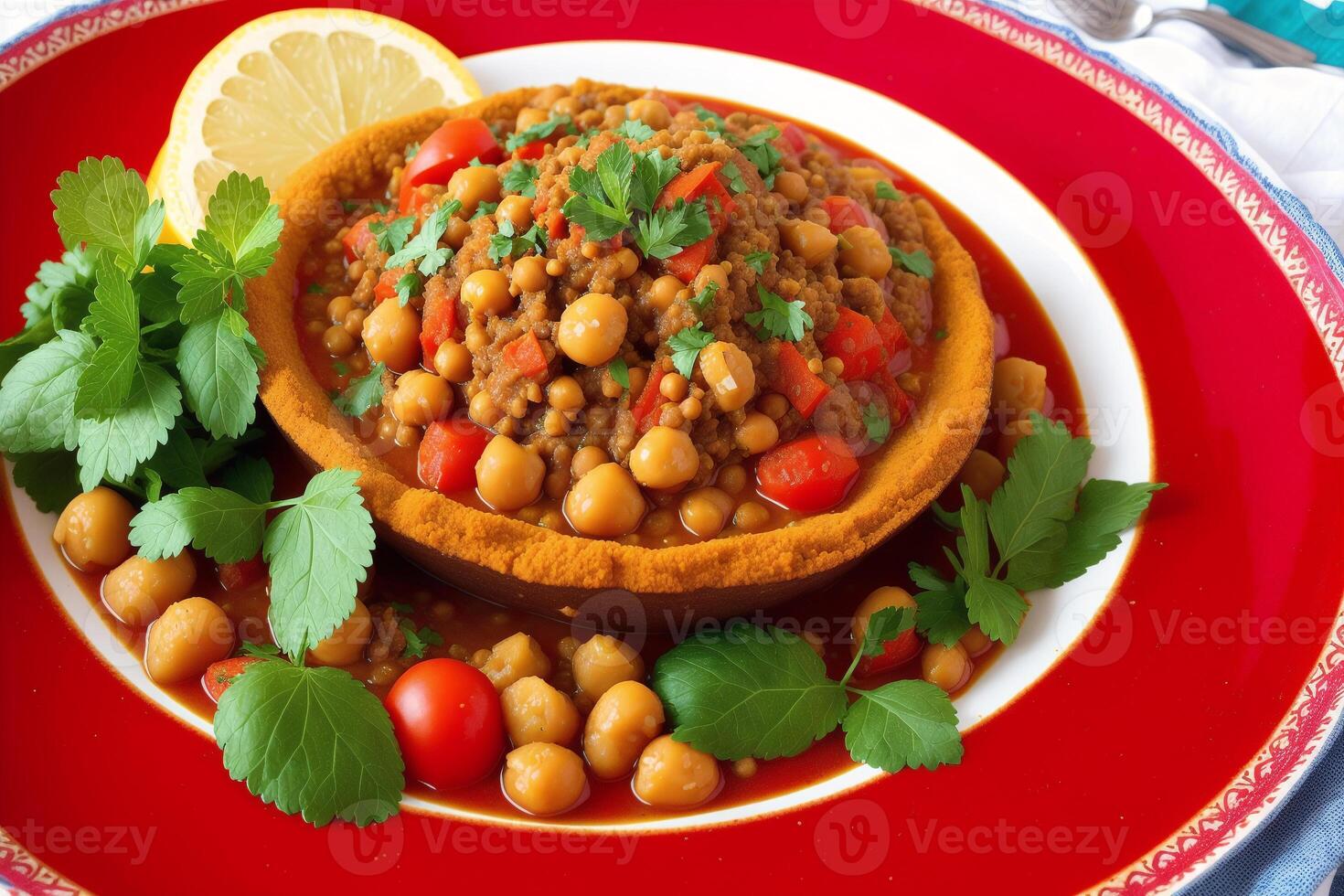 marokkanisch Küche. Kichererbsen gedünstet mit gehackt Fleisch und Gemüse im Schalen. generativ ai foto