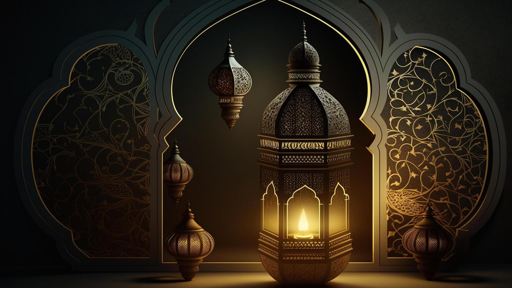 Ramadan Hintergrund mit ein Laterne Licht im das dunkel mit ein Blau Hintergrund erstellt durch ai generiert foto