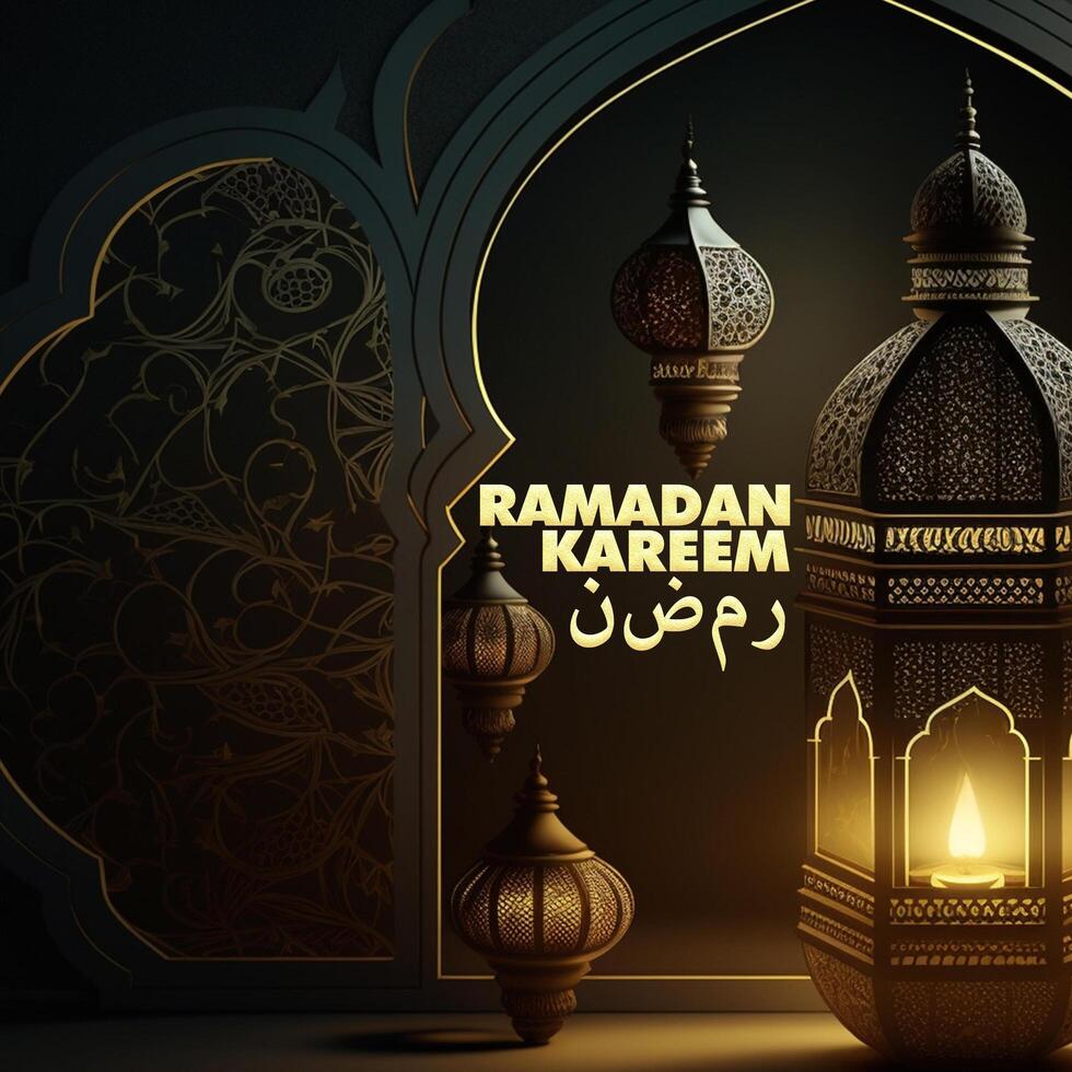 Ramadan Hintergrund mit ein Laterne Licht im das dunkel mit ein Blau Hintergrund erstellt durch ai generiert foto