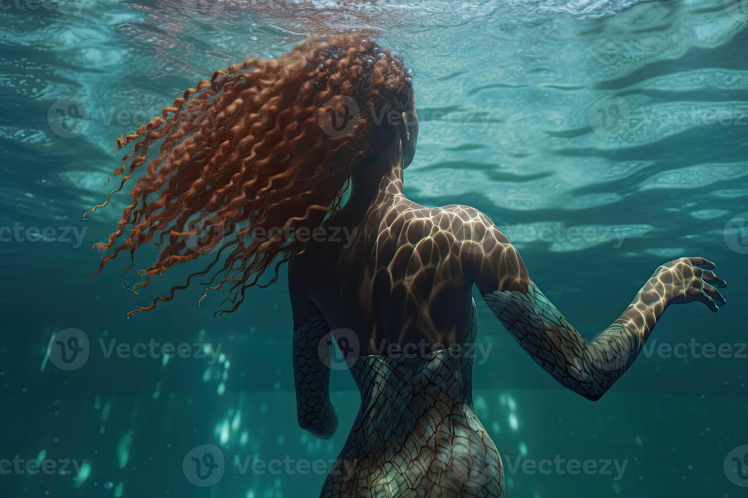 ein Meerjungfrau mit rot Haar schwebend unter das Wasser. generativ ai foto