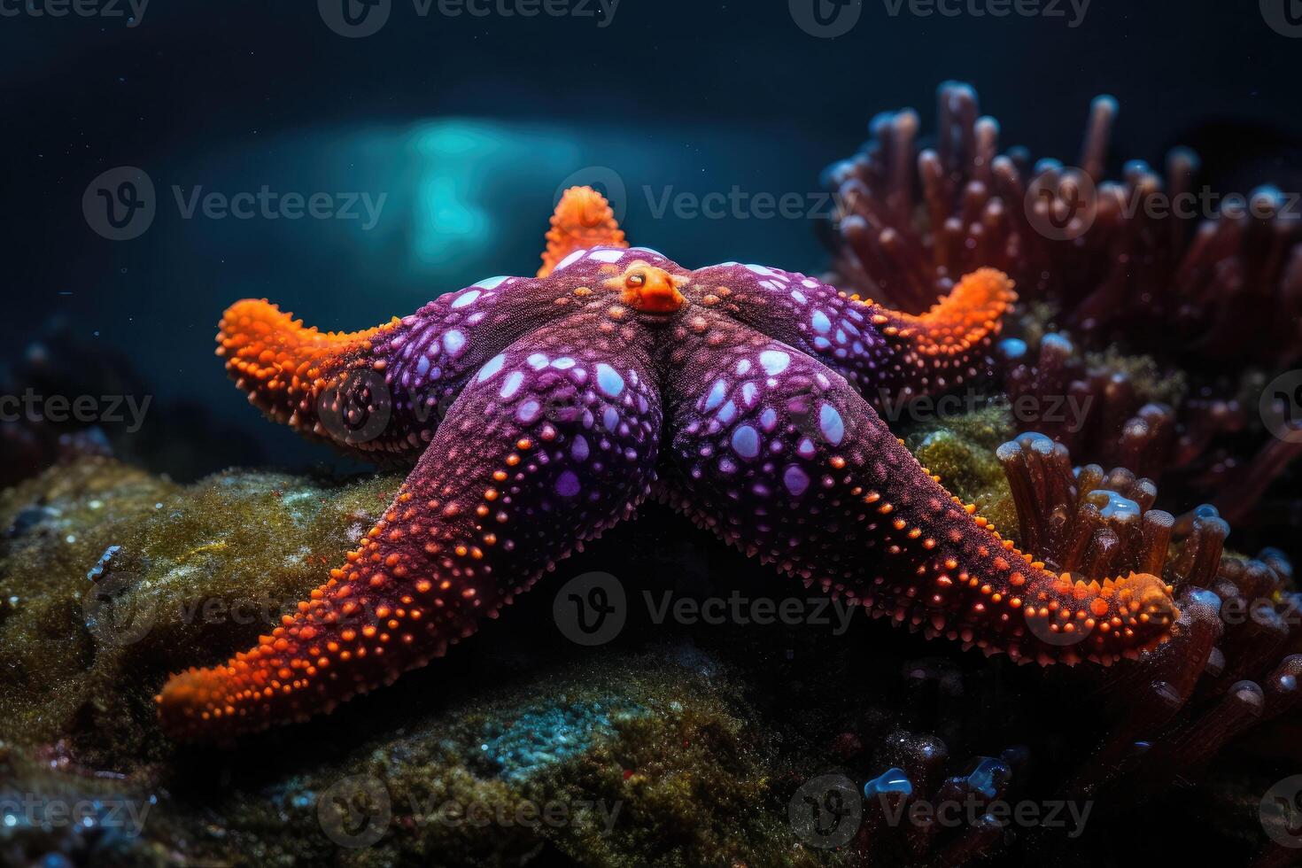 Meer Star im ein Riff bunt unter Wasser Landschaft Hintergrund. Star Fisch im tropisch Strand. generativ ai foto