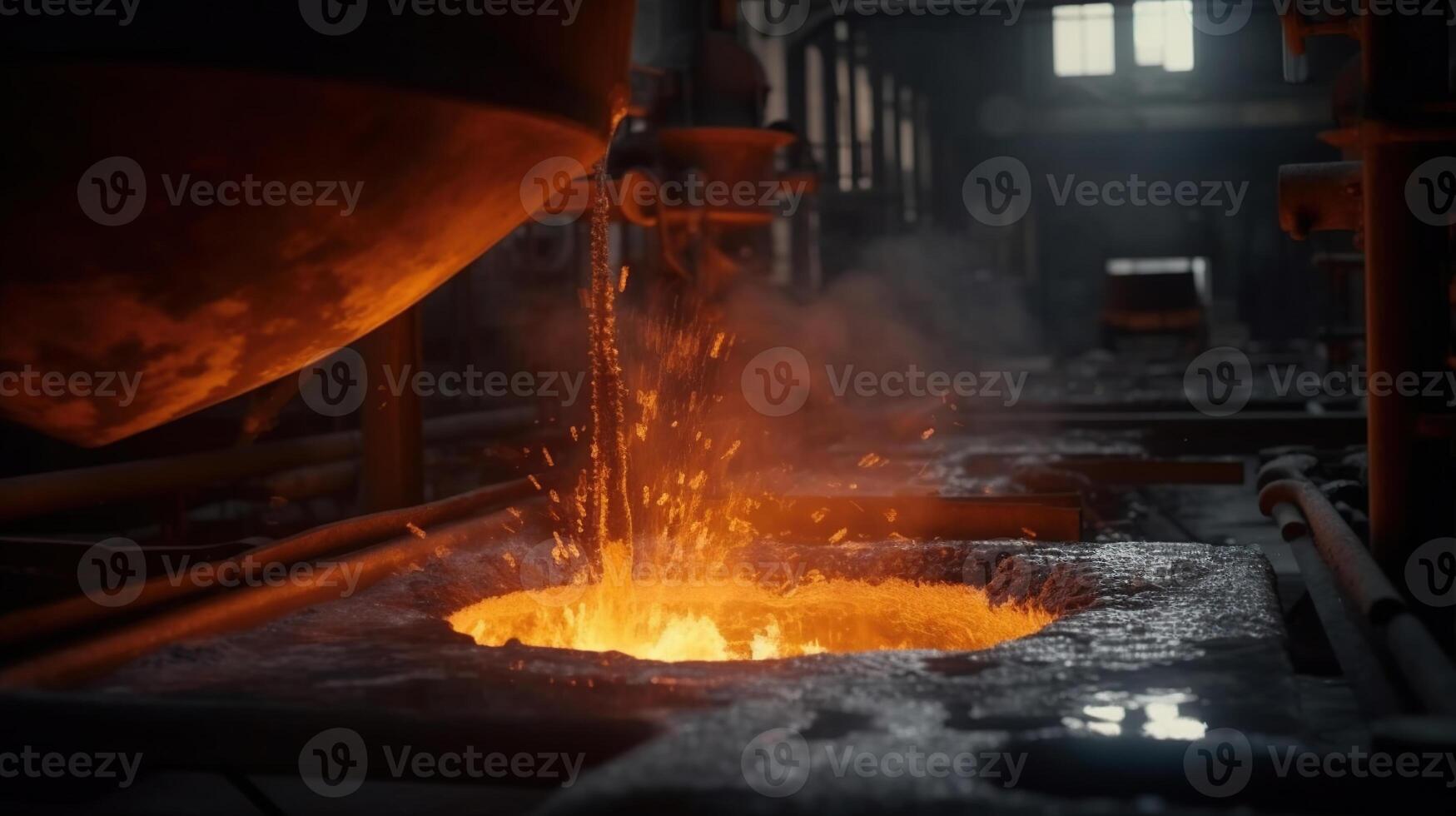 Flüssigkeit Eisen geschmolzen Metall Gießen im Container, industriell metallurgisch Fabrik, ai generiert Bild foto