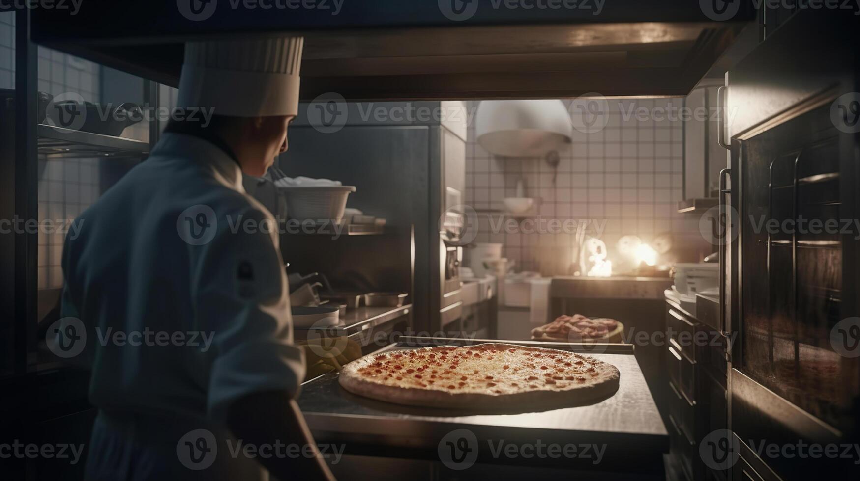 Koch im Weiß Uniform und Haarnetz Putten Pizza im das Ofen, generiert ai Bild foto