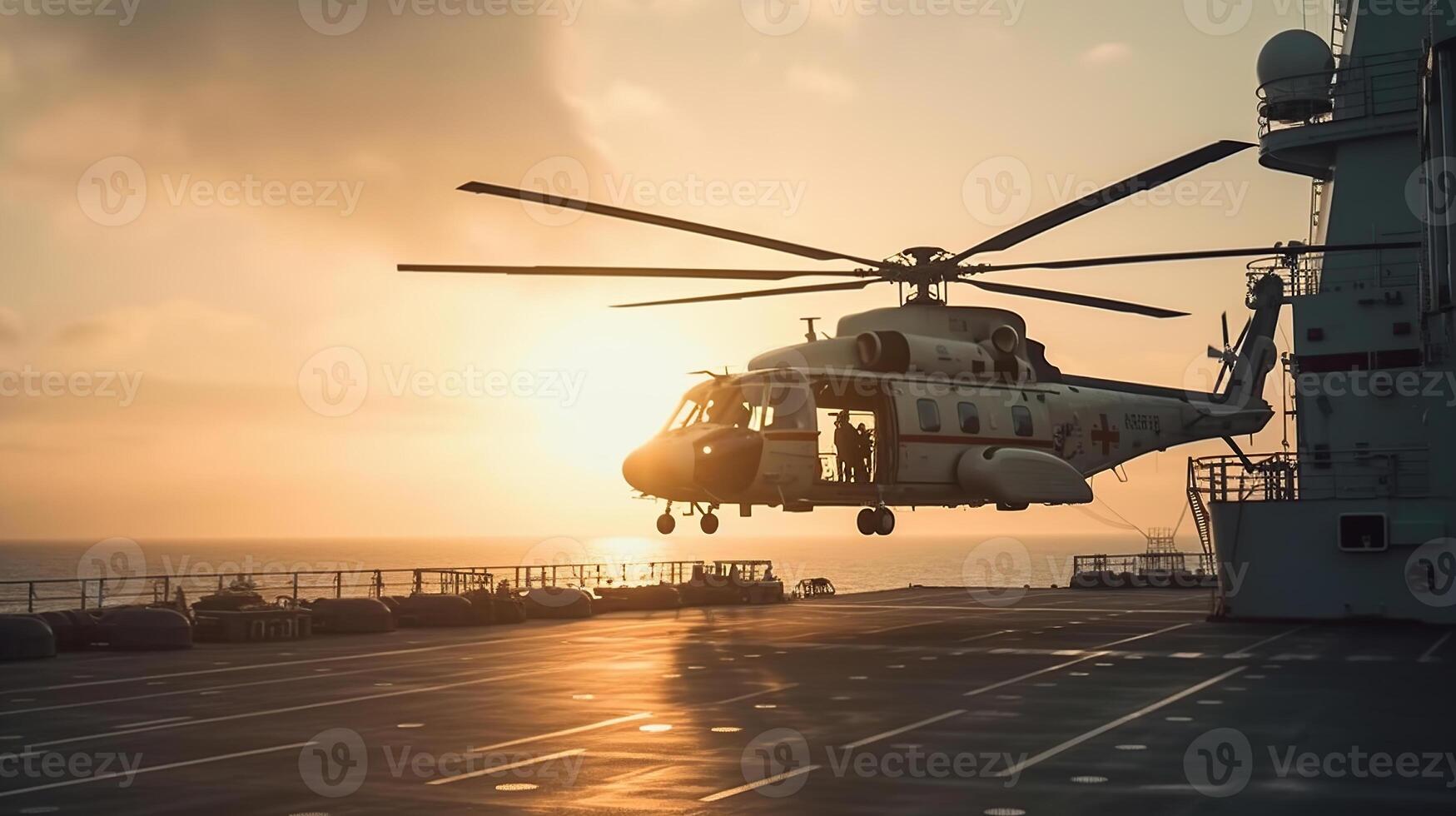 Rettung Hubschrauber nähert sich das Schiff, generiert ai Bild foto