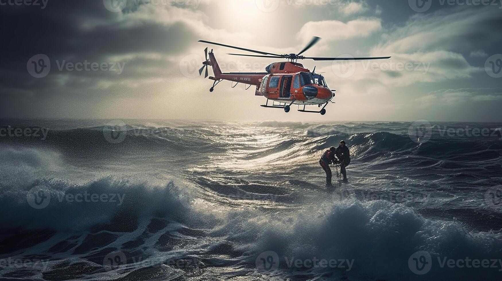 Hubschrauber mit ein Überleben Schwimmer hängend aus, generiert ai Bild foto