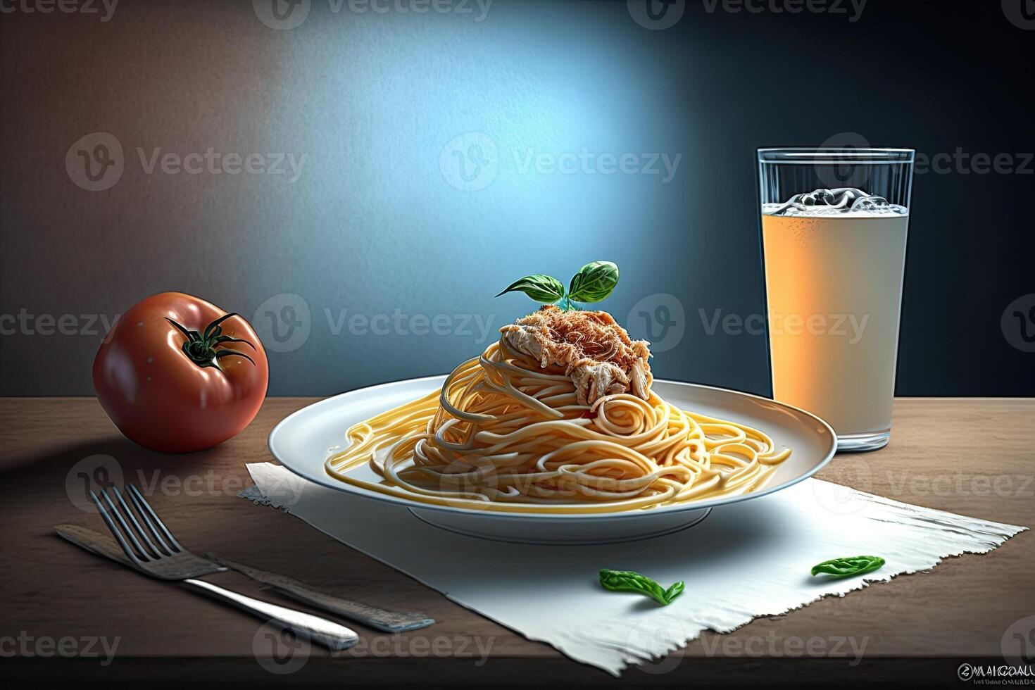 Spaghetti Alfredo auf ein Tabelle mit vereist Tee, ai generiert foto