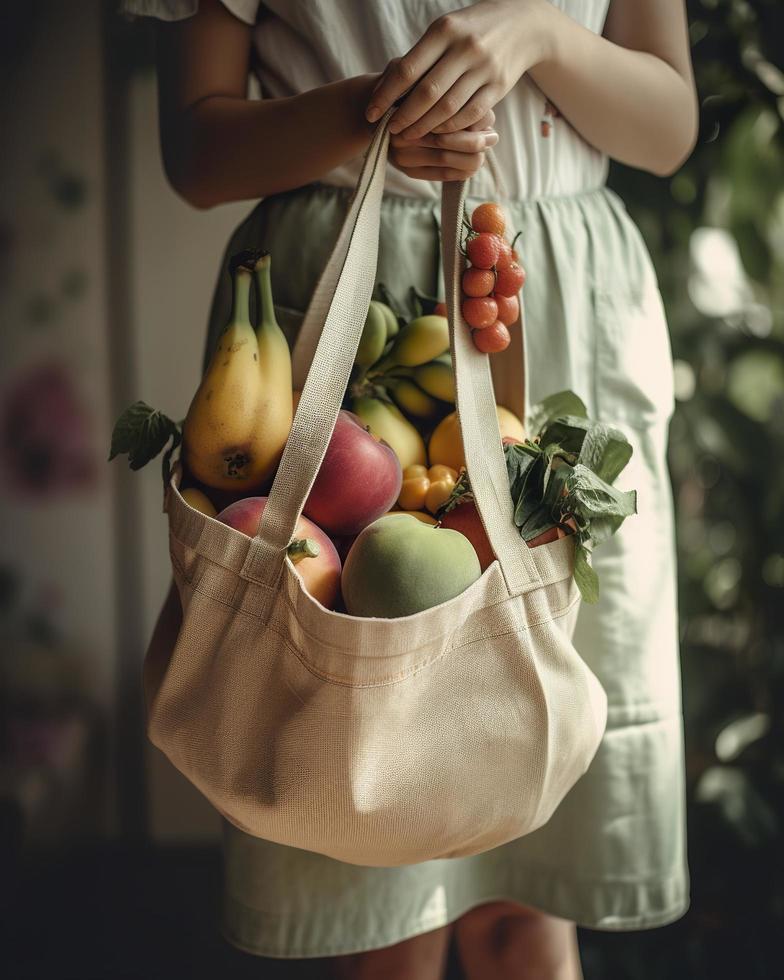 ein Frau Tragen ein wiederverwendbar Lebensmittelgeschäft Tasche voll von frisch Früchte und Gemüse von das Landwirte Markt, erzeugen ai foto