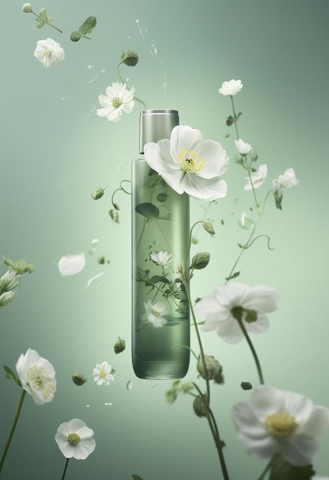 ein klein Flasche mit Blumen ist fliegend um, im das Stil von minimal Retusche, Gong Bi, Sanft Farbe Mischen, Licht Grün und Weiss, geschichtet Bilder, erzeugen ai foto