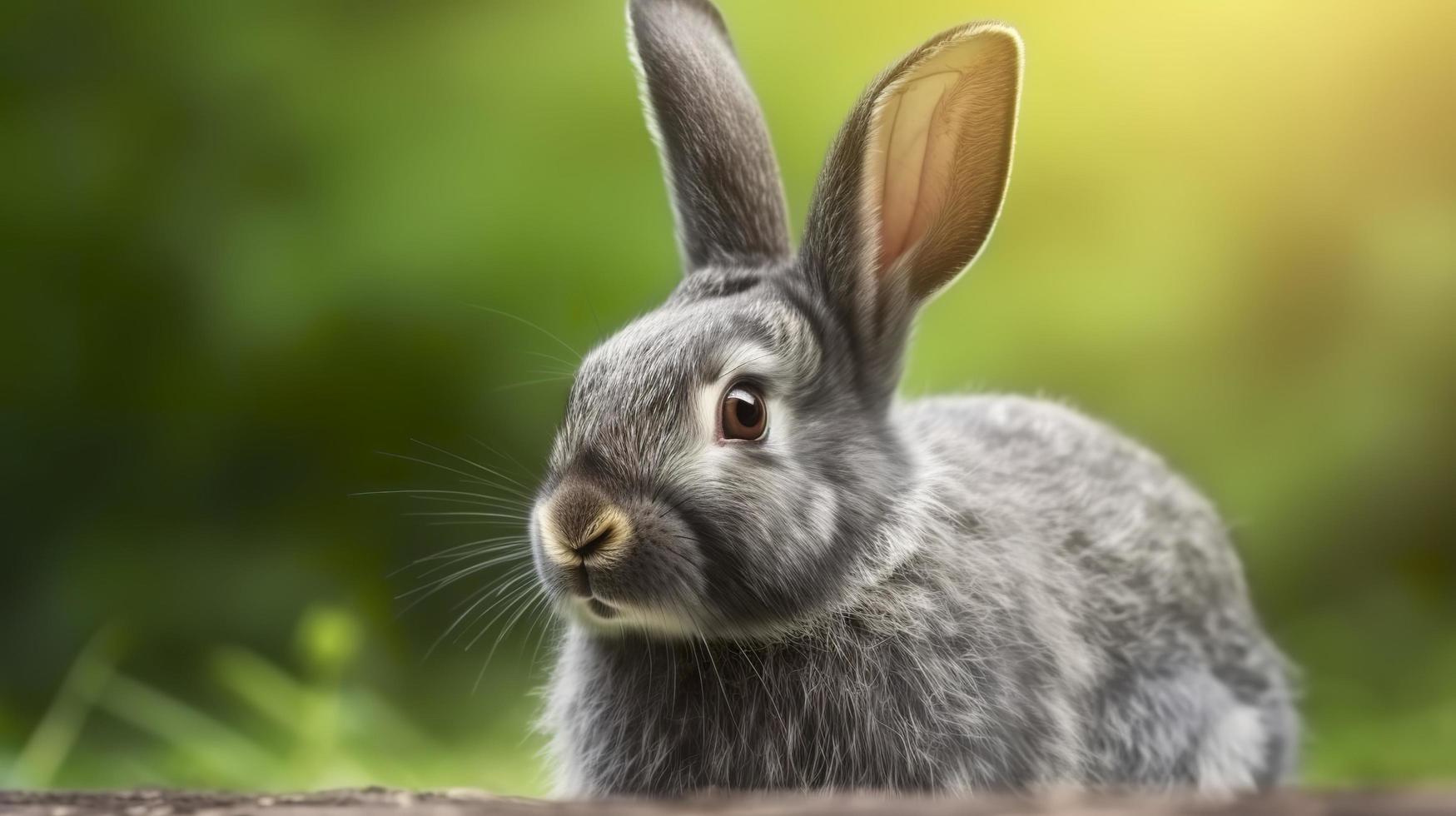 Porträt von ein süß flauschige grau Hase mit Ohren auf ein natürlich Grün Hintergrund, erzeugen ai foto