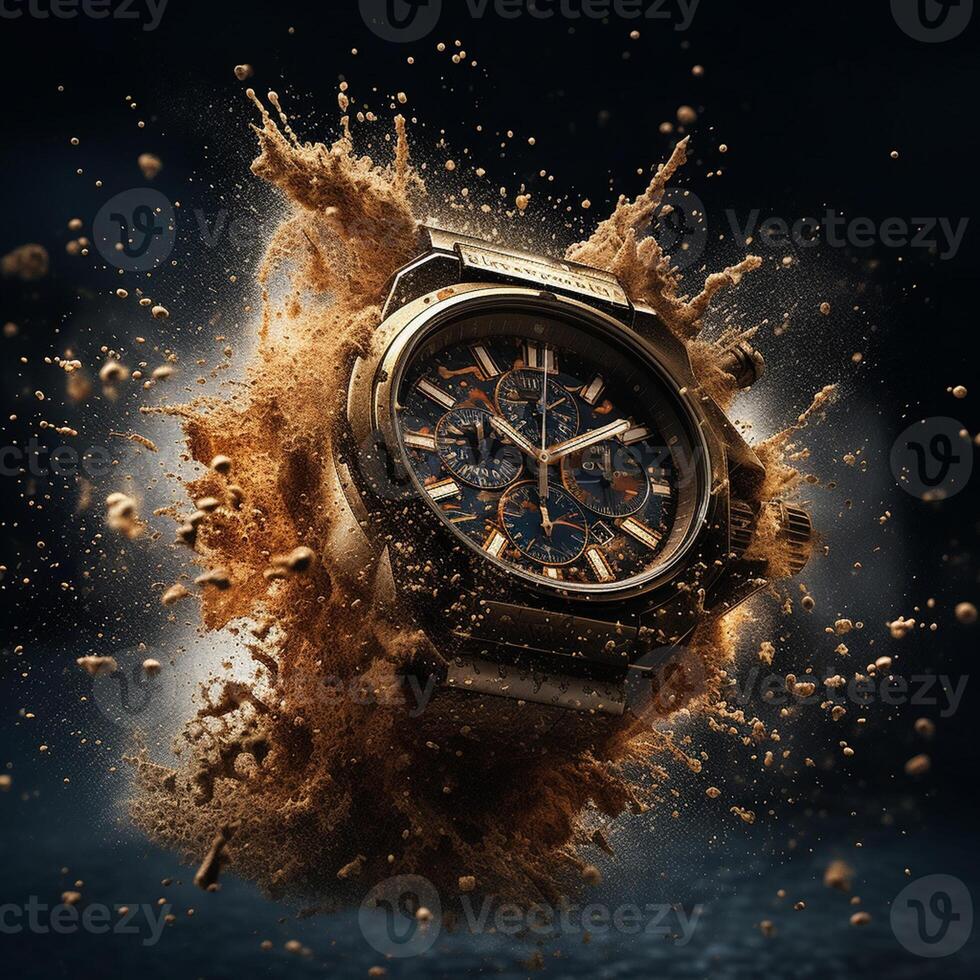 ai generativ mächtig Explosion und Designer Uhr im kommerziell Fotografie foto