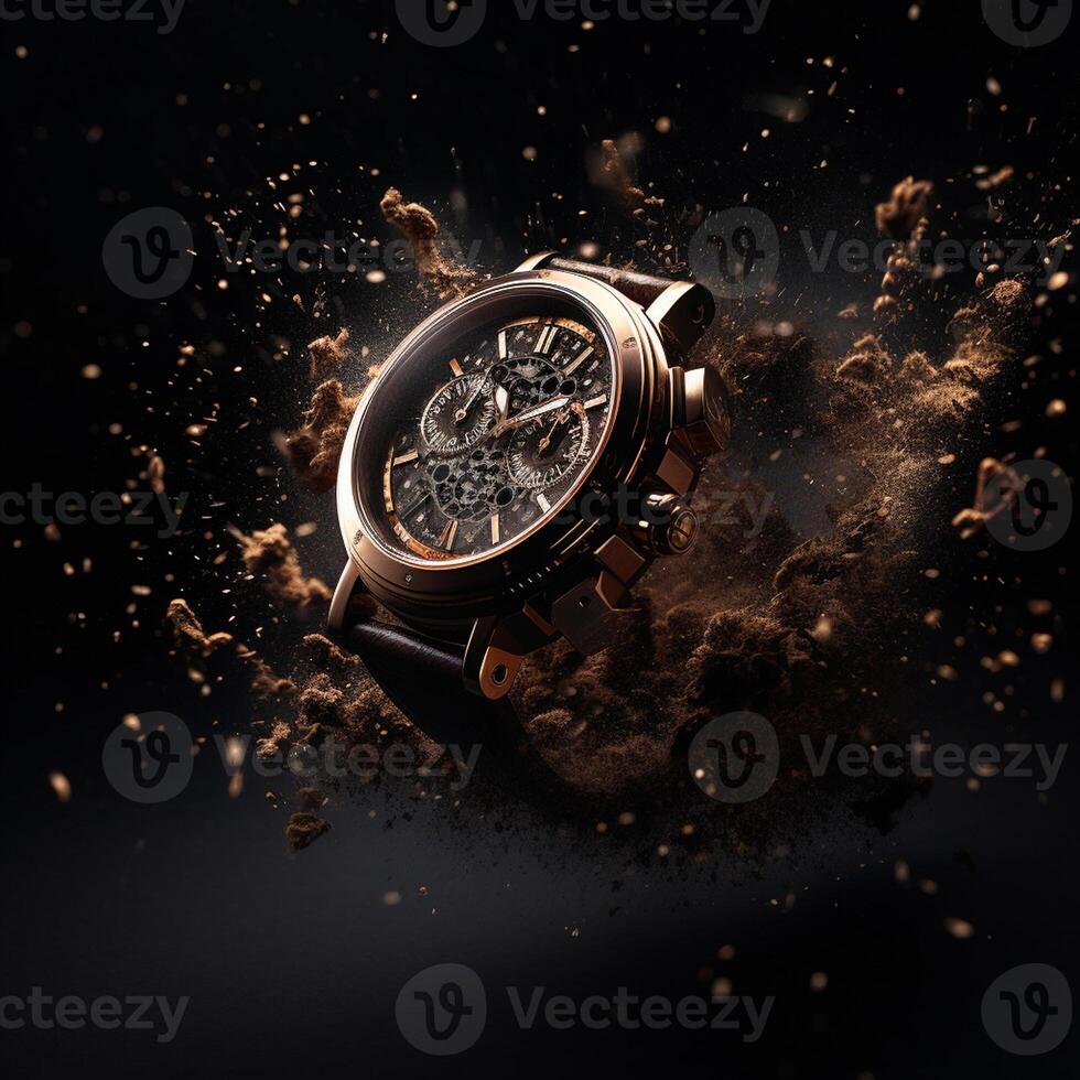 ai generativ mächtig Explosion und Designer Uhr im kommerziell Fotografie foto