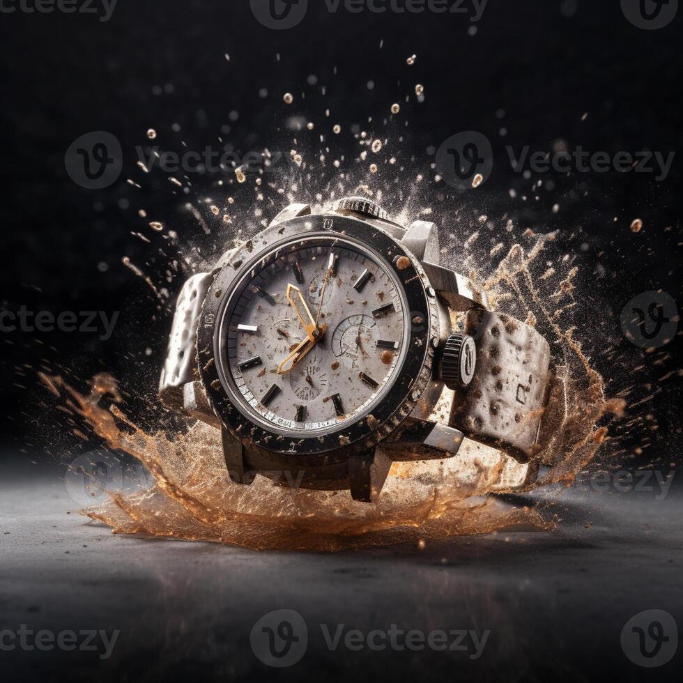 ai generativ mächtig Explosion und Designer Uhr im kommerziell Fotografie foto