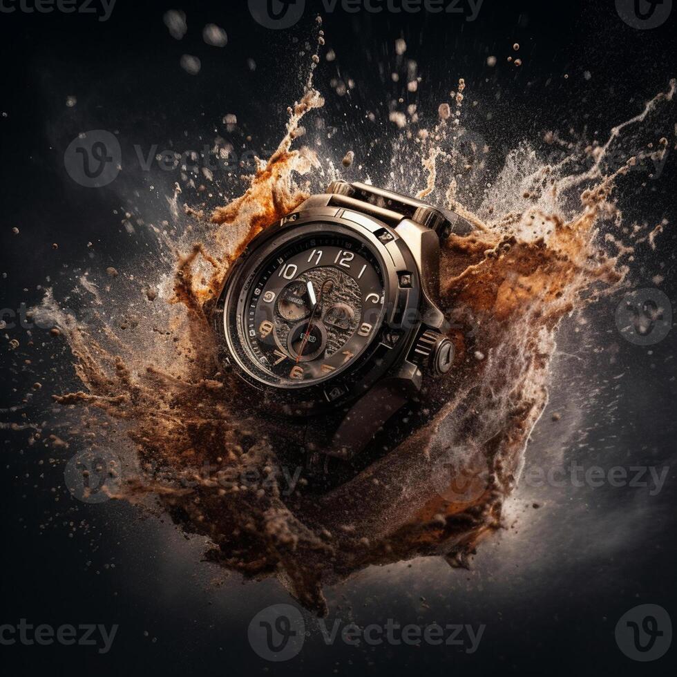 ai generativ mächtig Explosion und Designer Uhr im kommerziell Fotografie foto