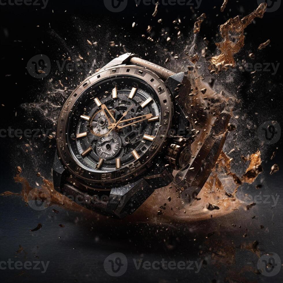 ai generativ mächtig Explosion und Designer Uhr im kommerziell Fotografie foto