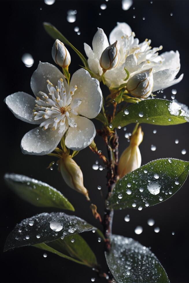 Weiß Blume mit Wasser Tröpfchen auf Es. generativ ai. foto