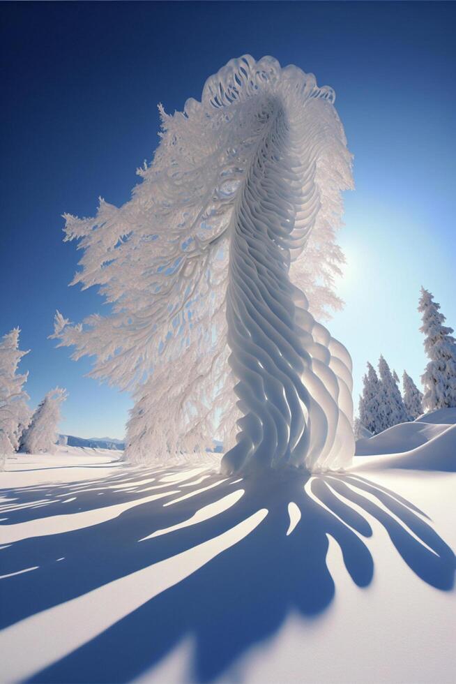 Schnee bedeckt Baum im das Mitte von ein schneebedeckt Feld. generativ ai. foto