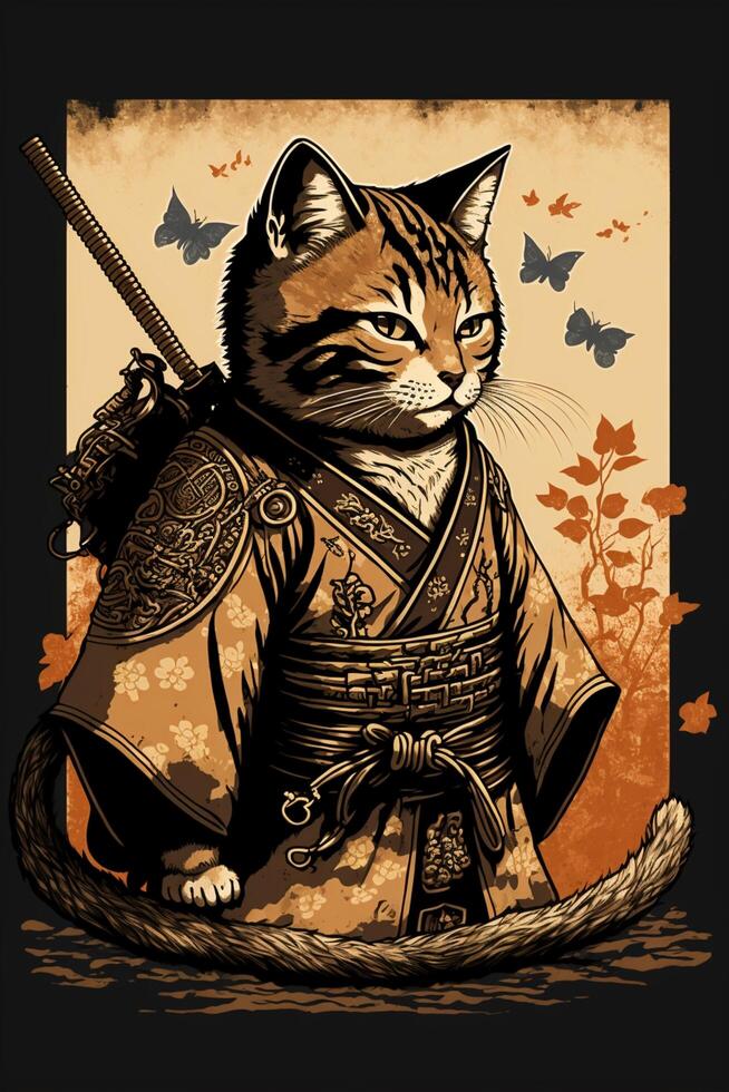 Katze tragen ein Samurai Outfit und halten ein Schwert. generativ ai. foto