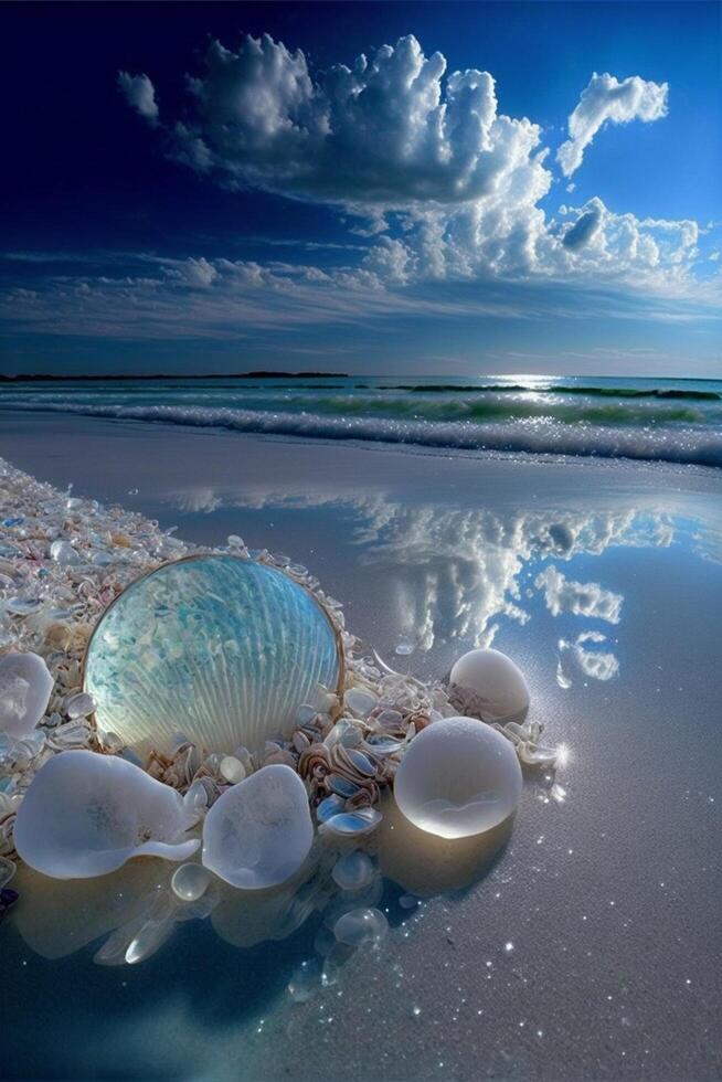 Gruppe von Muscheln Sitzung auf oben von ein sandig Strand. generativ ai. foto