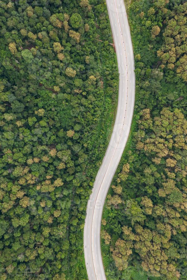 Luft Draufsicht der Wegstraße im Wald, Ansicht von der Drohne foto