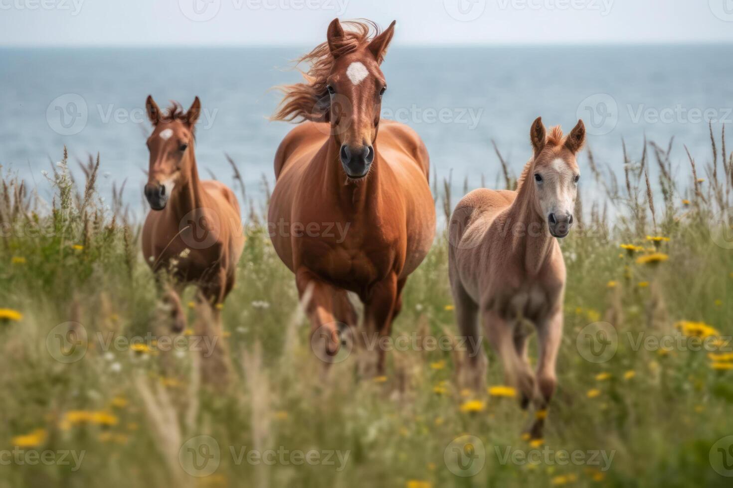 Familie von wild Wiese Pferde generativ ai foto