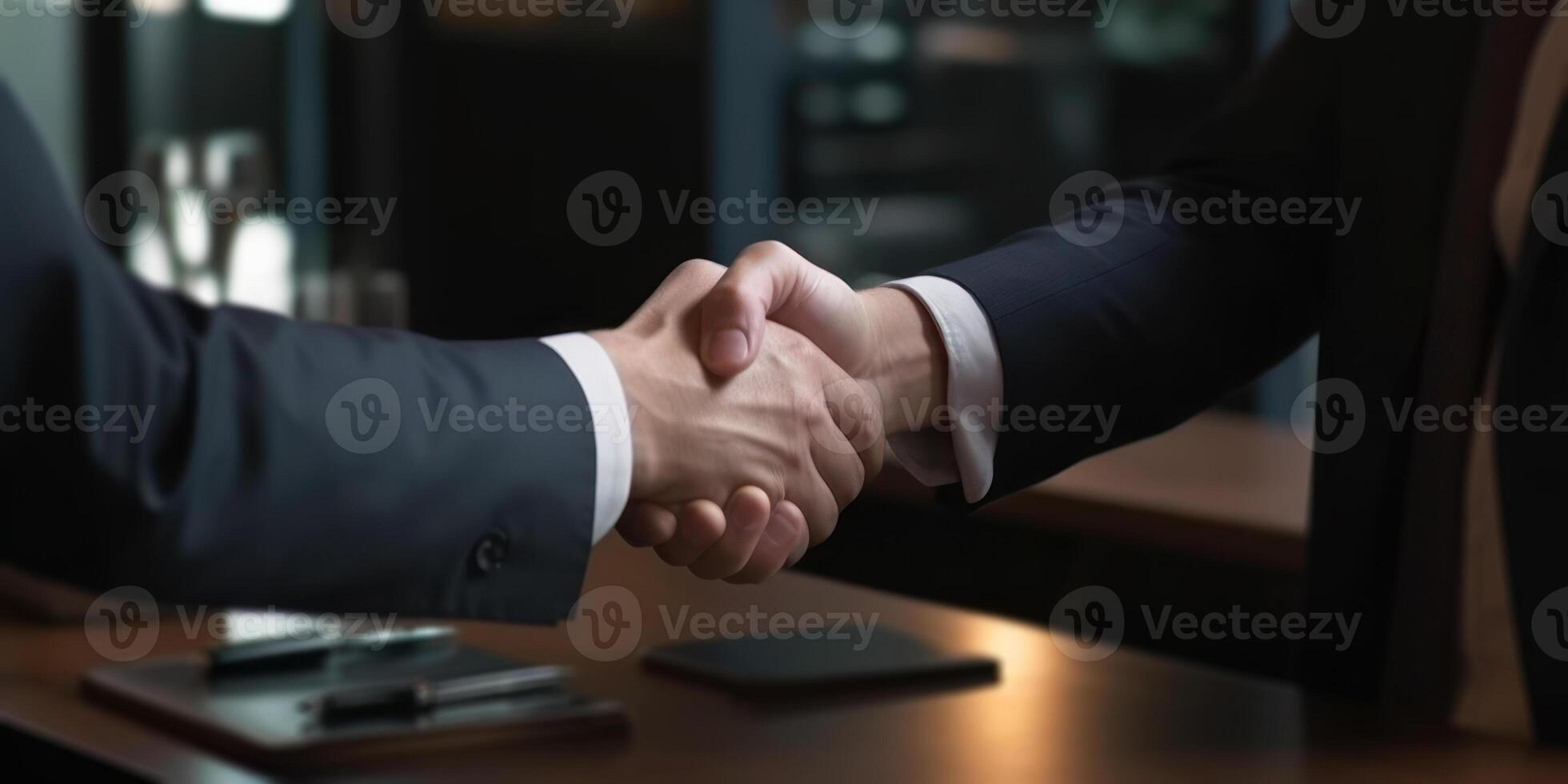 gut Deal Männer Geschäftsleute Partner Shake Hände mit jeder andere generativ ai foto