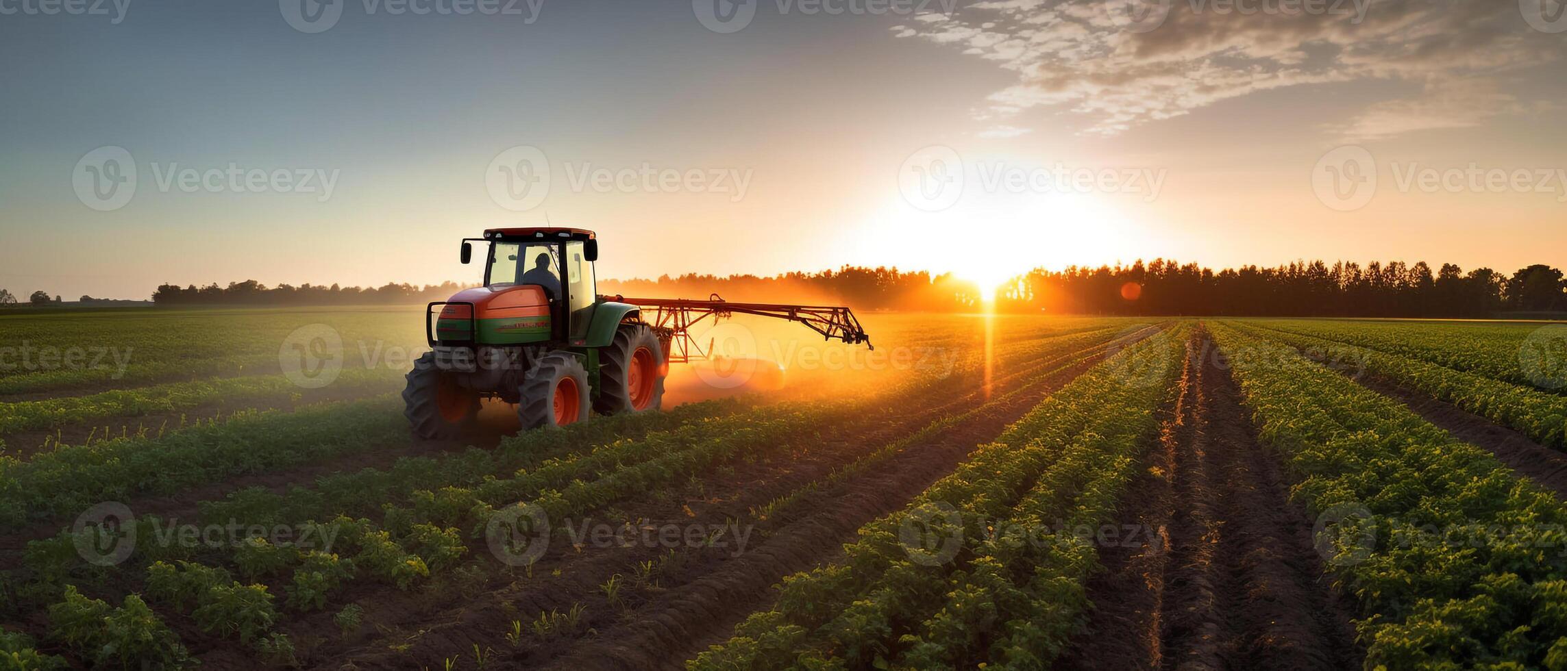 Landwirtschaft Traktor Sprühen Pflanzen im ein Feld. foto
