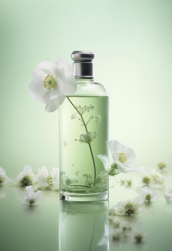 ein klein Flasche mit Blumen ist fliegend um, im das Stil von minimal Retusche, Gong Bi, Sanft Farbe Mischen, Licht Grün und Weiss, geschichtet Bilder, erzeugen ai foto