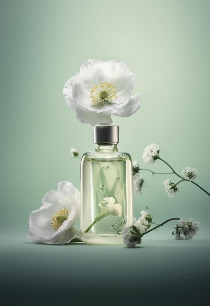 ein klein Flasche mit Blumen ist fliegend um, im das Stil von minimal Retusche, Gong Bi, Sanft Farbe Mischen, Licht Grün und Weiss, geschichtet Bilder, erzeugen ai foto