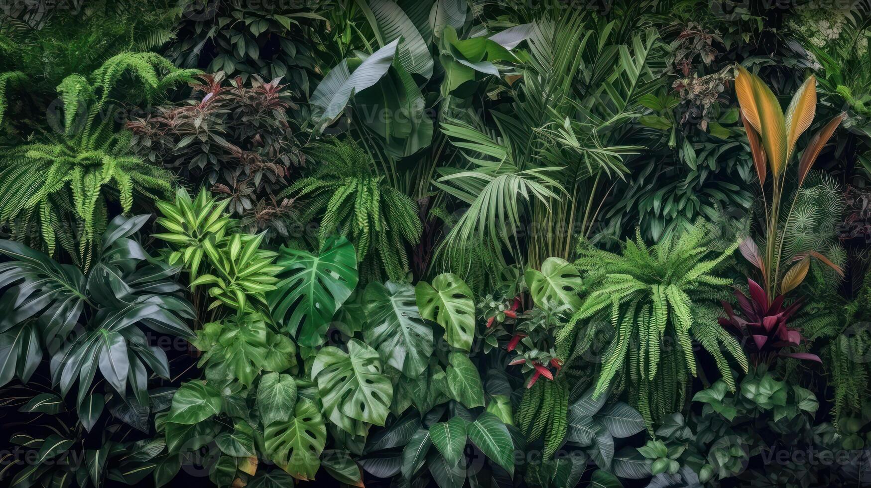 Vertikale Garten mit tropisch Grün Blatt, Kontrast ai generiert foto