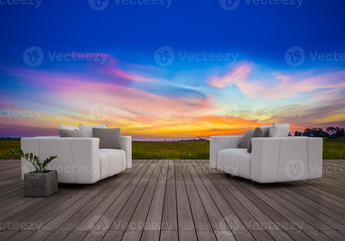 3d Sofa gesetzt auf Sonnendeck in der Sonnenuntergangszeit foto