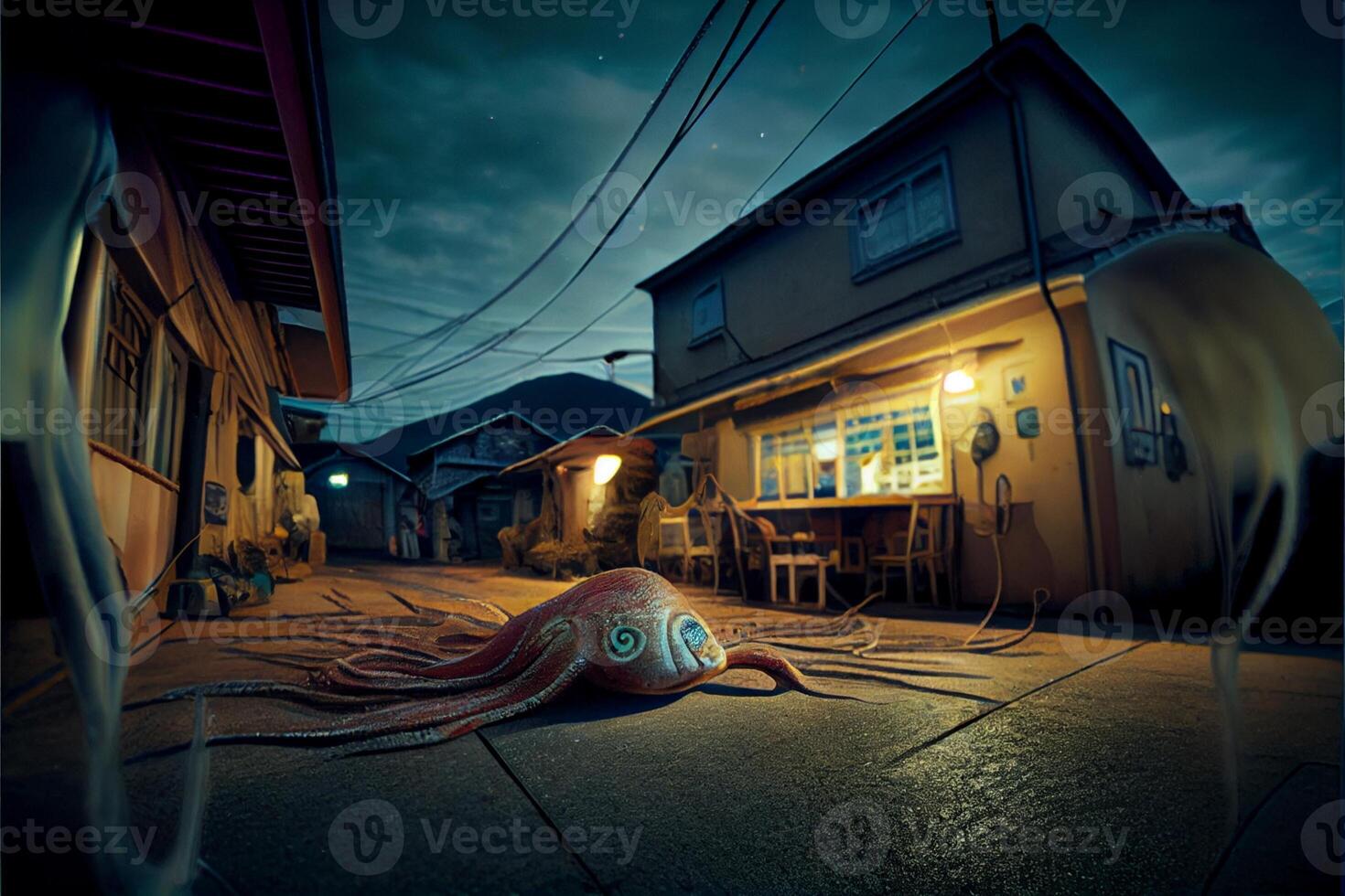 ein Tintenfisch Verlegung auf das Boden im Vorderseite von ein Haus. generativ ai. foto