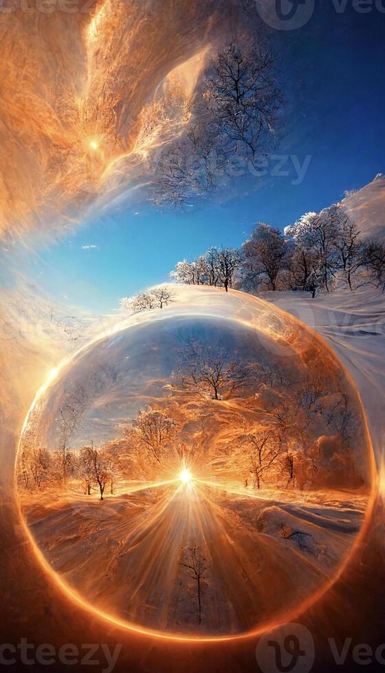 Schnee Globus Sitzung auf oben von ein Schnee bedeckt Boden. generativ ai. foto