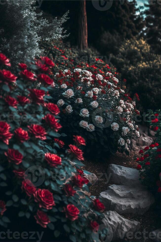 Garten gefüllt mit viele von rot und Weiß Blumen. generativ ai. foto