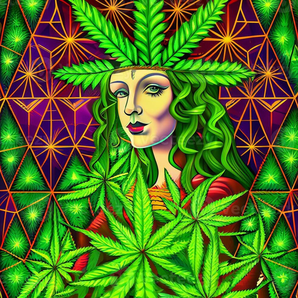 Gemälde von ein Frau mit Marihuana Blätter auf ihr Kopf. generativ ai. foto