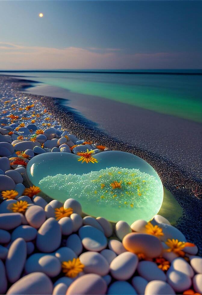 Schüssel Sitzung auf oben von ein Strand Nächster zu das Ozean. generativ ai. foto